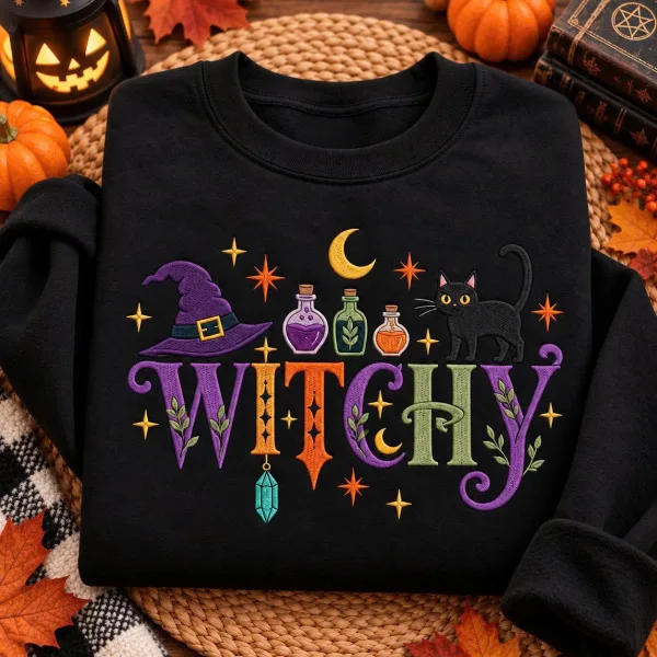 Embroidered Witchy Halloween Sweatshirt, Black Cat Poison And Moon Witch Costume