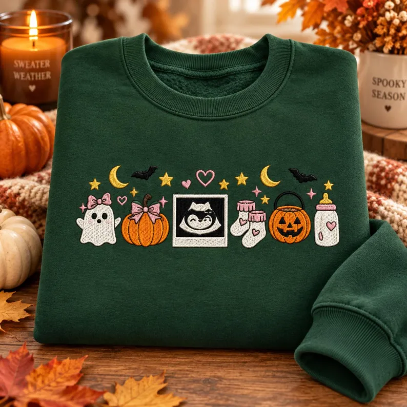 Embroidered Halloween Pregnancy Announcement Sweatshirt, Spooky Baby Bump Maternity Crewneck