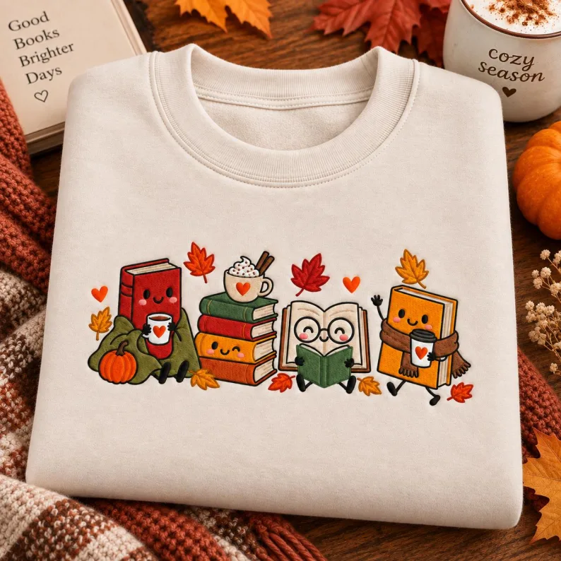 Embroidered Cozy Book Lover T-Shirt: Autumn Reading, Coffee Shirt, Reader Outfit