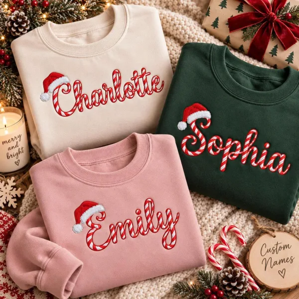 Custom Embroidered Christmas Sweatshirt, Personalized Name Holiday Crewneck