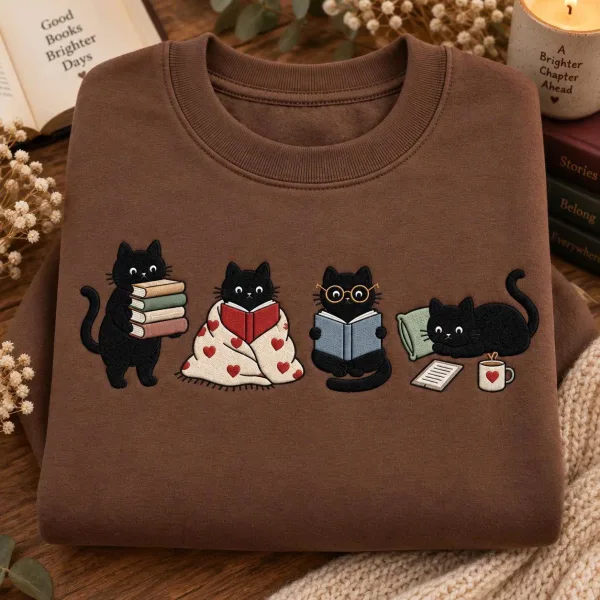 Embroidered Black Cat Reading Shirt, Book Lover Cat Tee, Cozy Reader Gift For Her