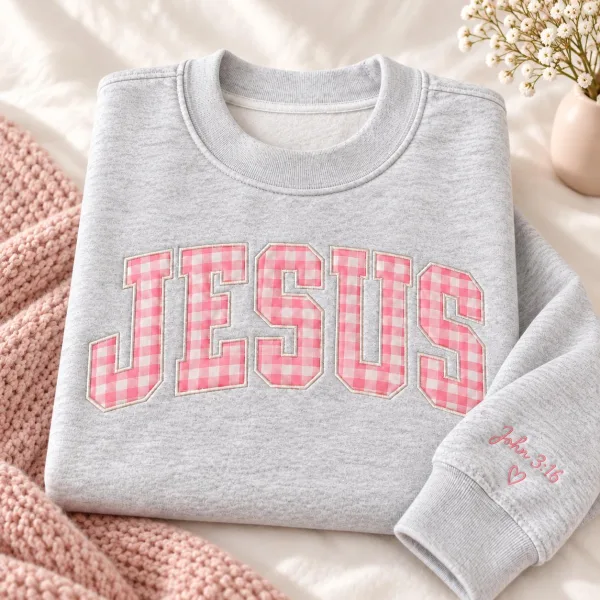 Custom Christian Sweatshirt, Embroidered Gingham Jesus WWJD Mockneck Crewneck