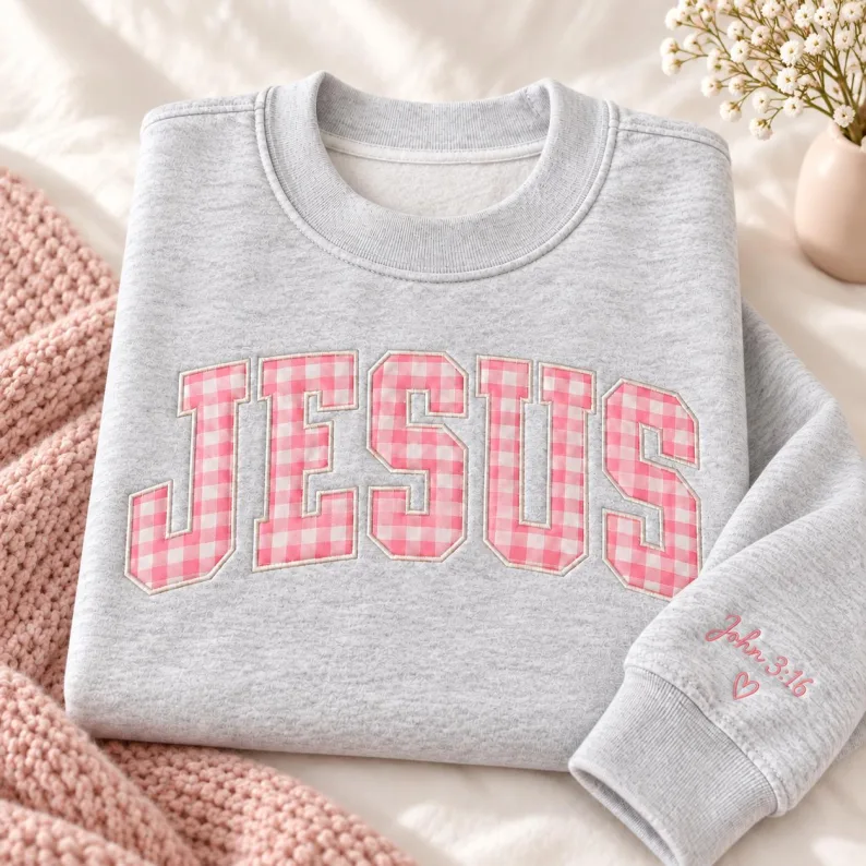 Custom Christian Sweatshirt, Embroidered Gingham Jesus WWJD Mockneck Crewneck