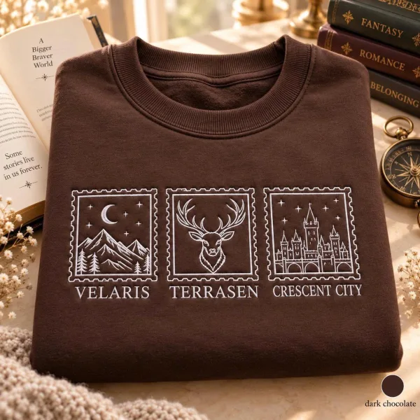 Embroidered Book Postcard Sweatshirt Velaris Terrasen Crescent City, SJM Fantasy Bookish Crewneck