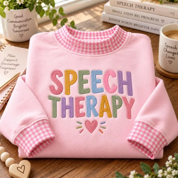 Embroidered Speech Therapy Gingham Mockneck Sweatshirt, SLP Crewneck Sweater