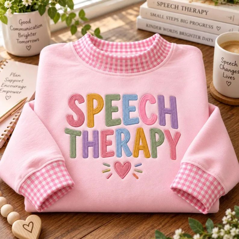 Embroidered Speech Therapy Gingham Mockneck Sweatshirt, SLP Crewneck Sweater