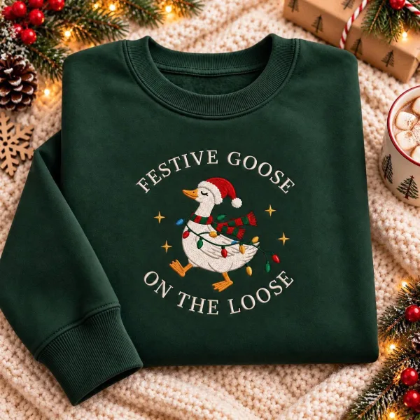 Embroidered Festive Goose On The Loose Sweatshirt, Christmas Goose Holiday Crewneck
