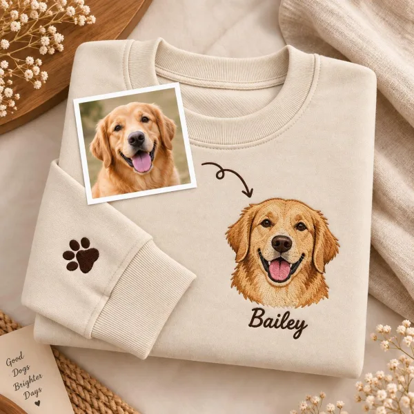 Custom Pet Portrait Embroidered Sweatshirt, Personalized Dog Cat Photo Crewneck