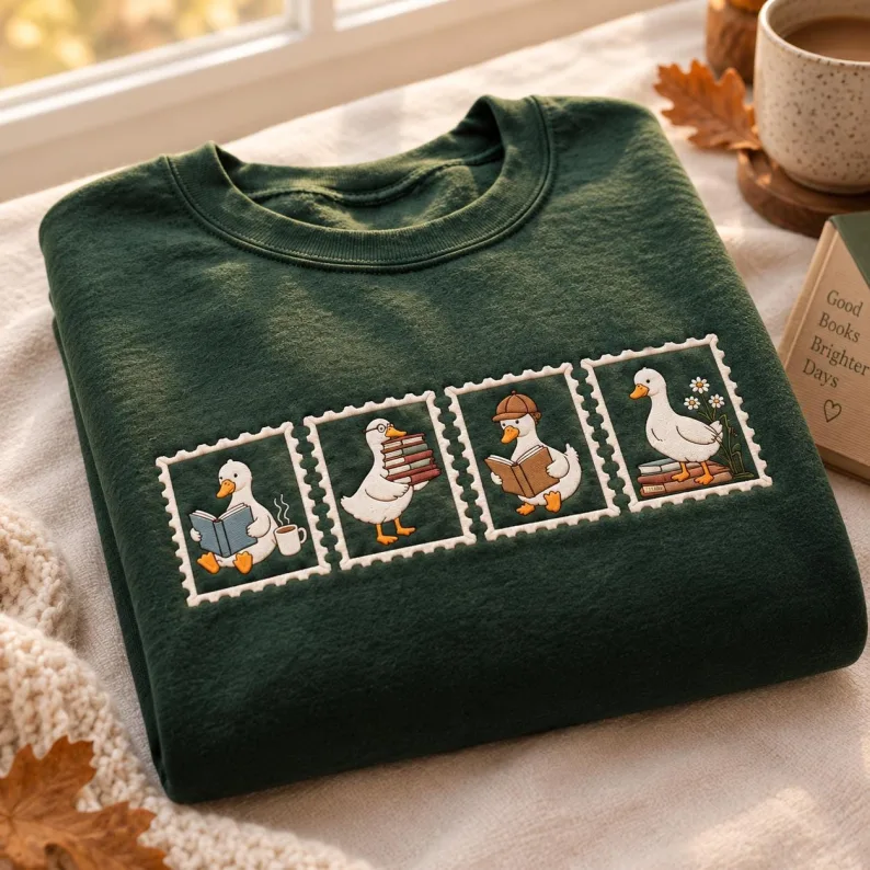 Embroidered Reading Goose Sweatshirt, Book Lover Gift, Silly Goose Teacher Crewneck