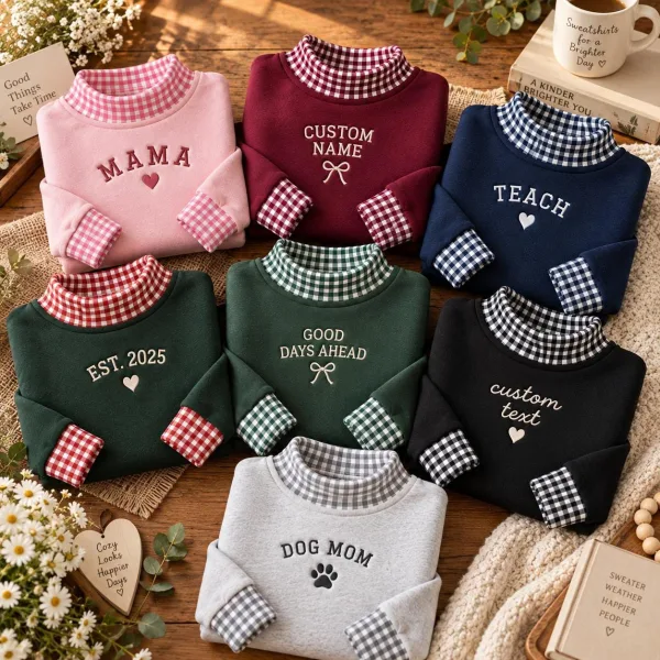 Custom Gingham Applique Mock Neck Sweatshirt, Personalized Embroidered Name Pullover
