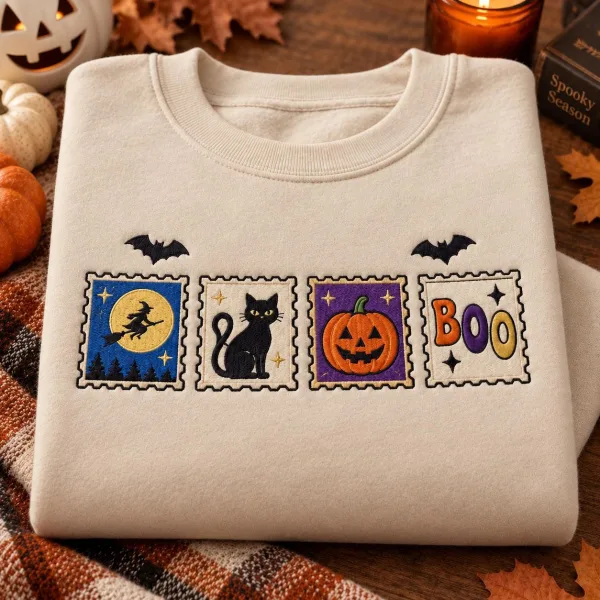Embroidered Vintage Halloween Sweatshirt, Black Cat Spooky Season Crewneck