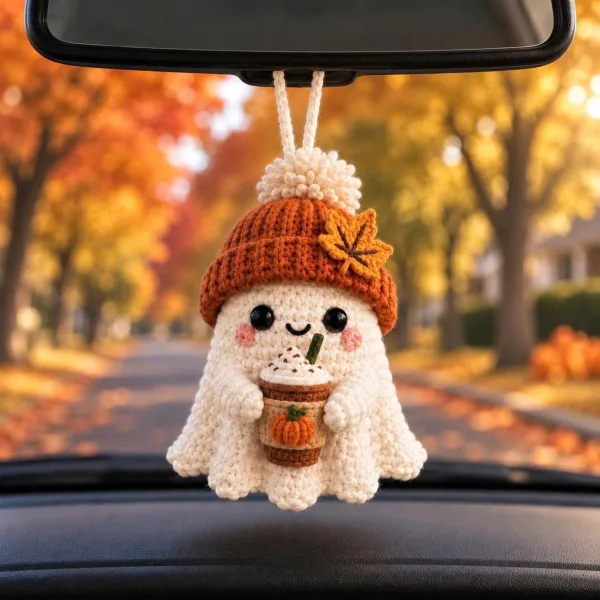 Crochet Halloween Car Charm Rearview Mirror Hanger Cute Ghost Car Decor Amigurumi Ornament Spooky