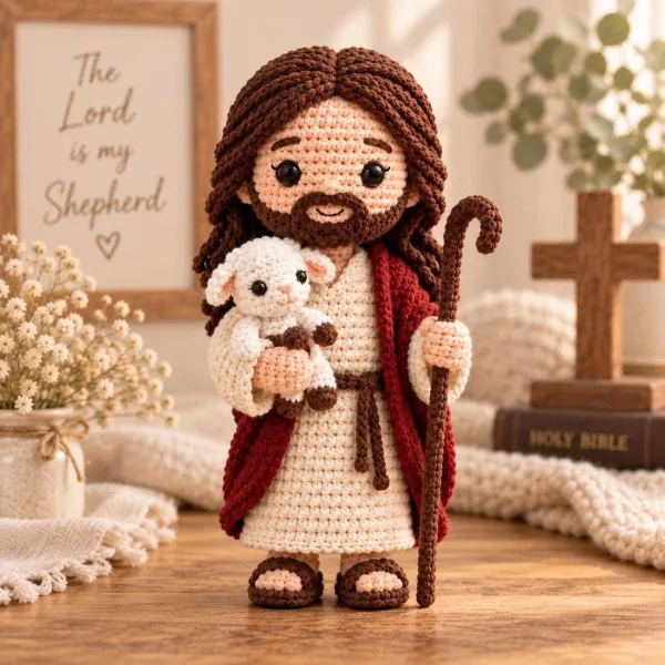 Jesus Crochet Doll With Lamb, Handmade Catholic Baptism Gift, Christian Amigurumi Good Shepherd