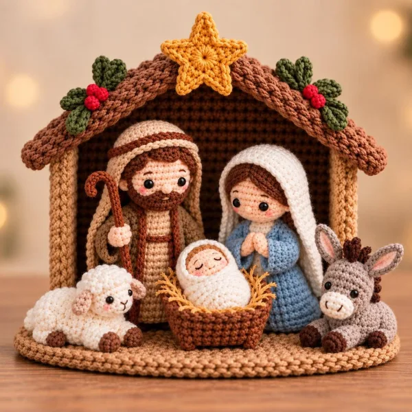 Crochet Nativity Set, Handmade Holy Family Christmas Decor, Catholic Nativity Scene
