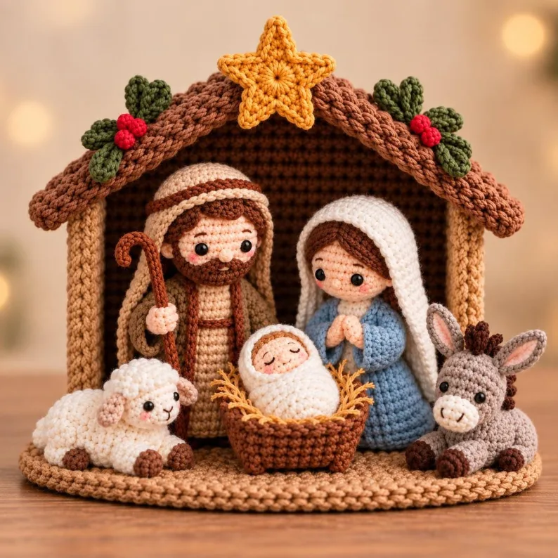 Crochet Nativity Set, Handmade Holy Family Christmas Decor, Catholic Nativity Scene