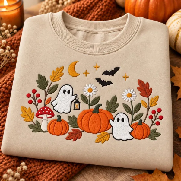 Embroidered Cottagecore Ghost Shirt, Embroidered Halloween Sweatshirt, Floral Spooky Season Tee