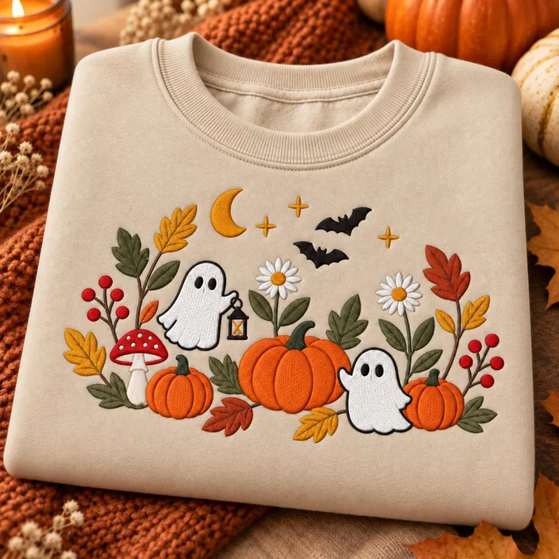 Embroidered Cottagecore Ghost Shirt, Embroidered Halloween Sweatshirt, Floral Spooky Season Tee
