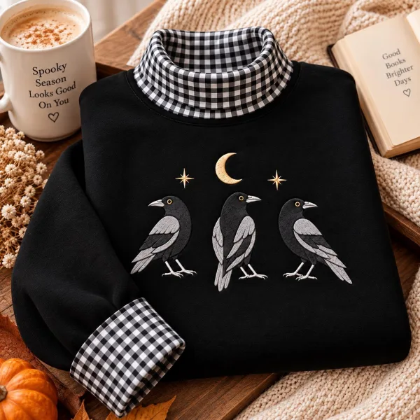 Embroidered Crow Sweatshirt, Gingham Mock Neck, 90s Gothic Crow Tee, Witchy Raven Shirt