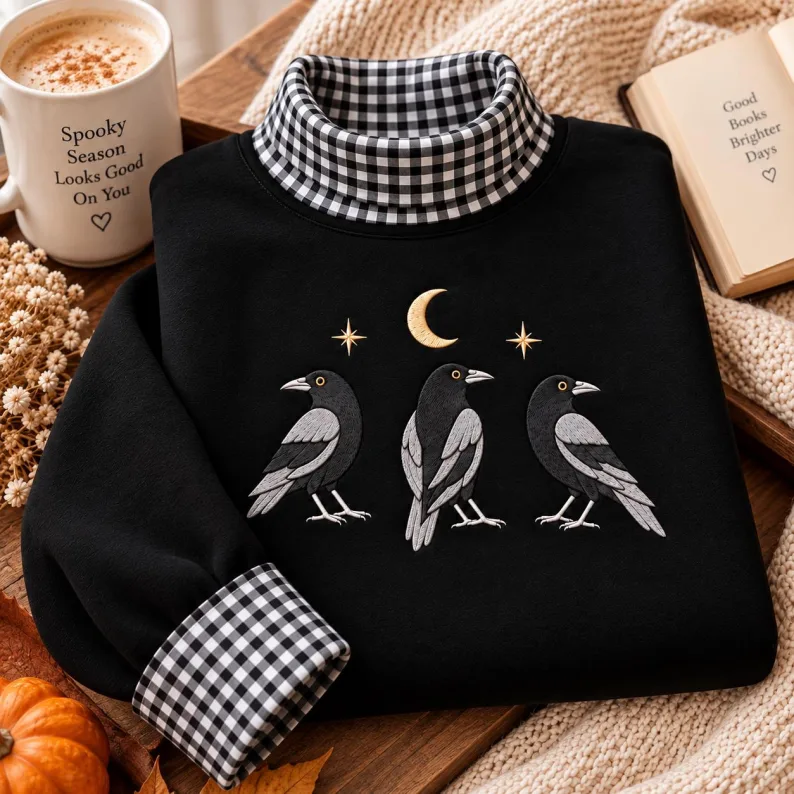 Embroidered Crow Sweatshirt, Gingham Mock Neck, 90s Gothic Crow Tee, Witchy Raven Shirt