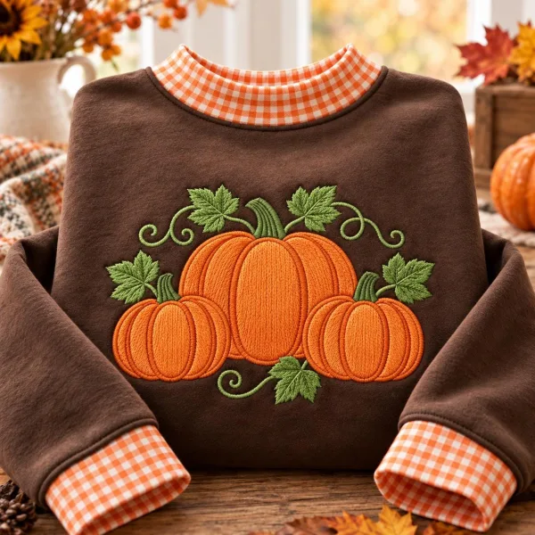 Orange Gingham Pumpkin Mockneck Sweatshirt, Embroidered Fall Trio Applique Pullover