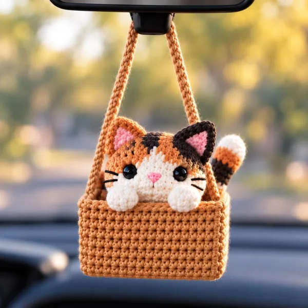 Handmade Crochet Car Mirror Charm, Cute Pumpkin Halloween Car Decor, Cat Lover Gift