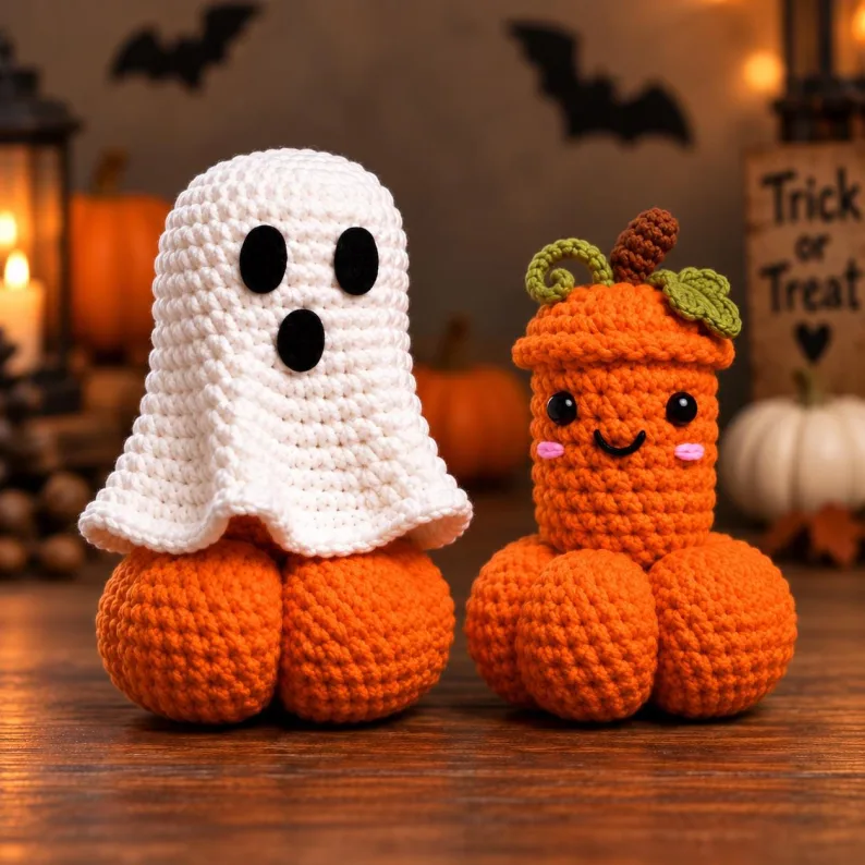 Crochet Halloween Ghost Pumpkin Decor, Surprise Reveal Amigurumi Plush