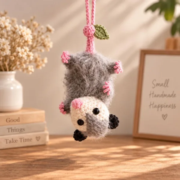 Crochet Opossum Car Mirror Charm, Handmade Possum Rearview Mirror Accessory