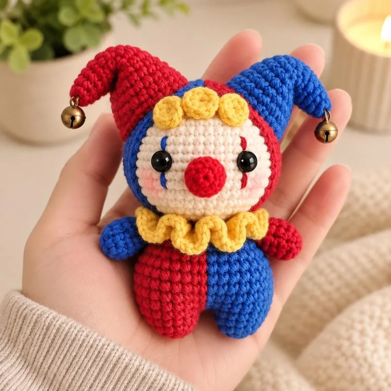 Crochet Clown Amigurumi Halloween, Two Tone Jester Plush Handmade, Creepy Cute Circus Doll Keychain