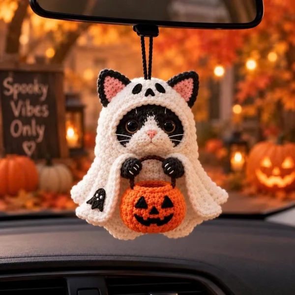 Crochet Ghost Cat with Pumpkin Basket, Cute Halloween Amigurumi Plush, Trick or Treat Home Decor