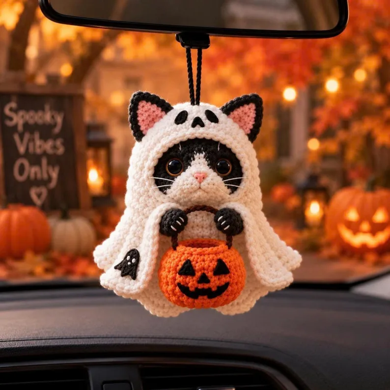 Crochet Ghost Cat with Pumpkin Basket, Cute Halloween Amigurumi Plush, Trick or Treat Home Decor