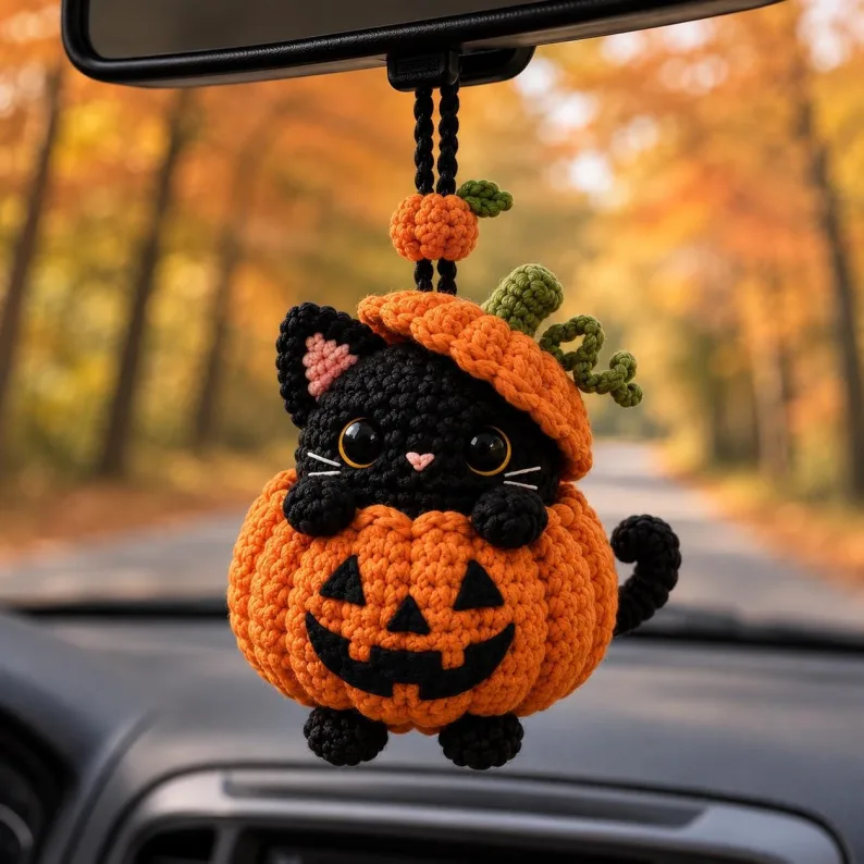 Crochet Pumpkin Cat Shirt, Cute Halloween Black Cat Embroidered Tee, Spooky Season Cat Lover Gift