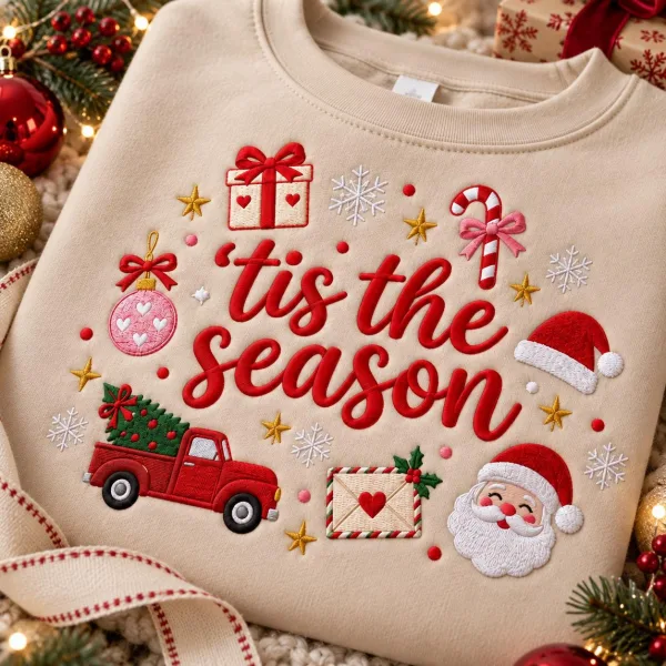 Embroidered Christmas Tis The Season Sweatshirt, Cute Xmas Coquette Shirt