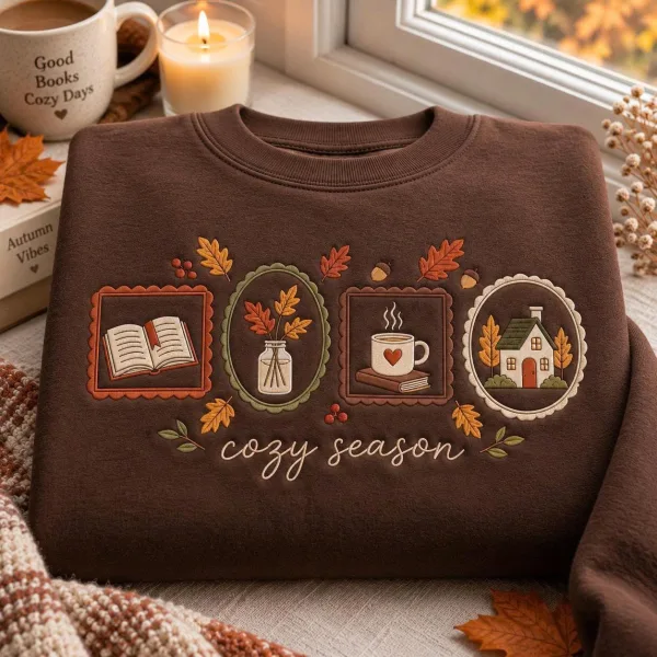 Embroidered Cozy Season Fall Sweatshirt, Fall Autumn Bookish Crewneck, Girls Loves Autumn Shirt