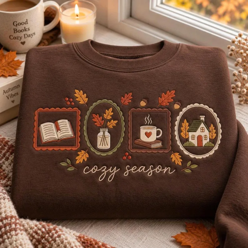 Embroidered Cozy Season Fall Sweatshirt, Fall Autumn Bookish Crewneck, Girls Loves Autumn Shirt