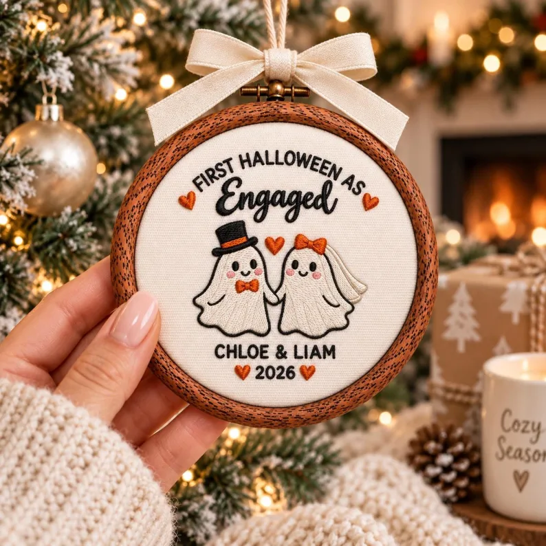 Personalized First Halloween Engaged embroidery Ornament, Custom Names Couple Keepsake Gift
