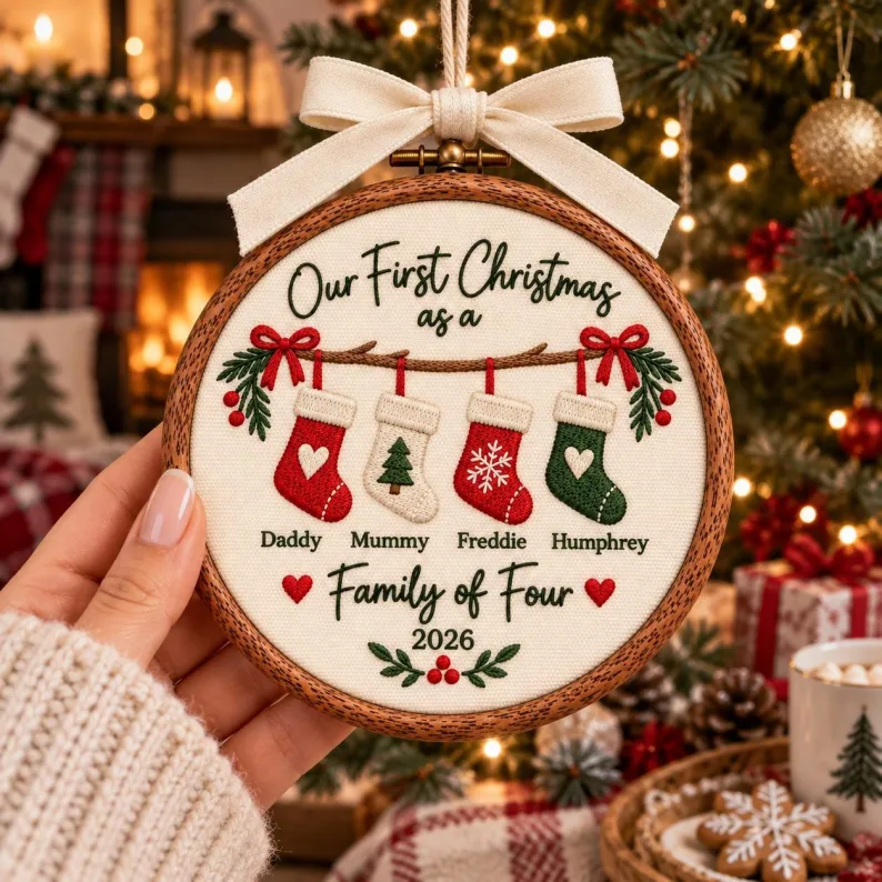 Personalized Family Names Christmas Embroidered Ornament: Family of 4 Ornament