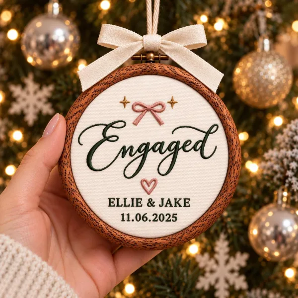 Personalized Engagement Embroidery Ornament: Wedding Keepsake, Engaged Gift