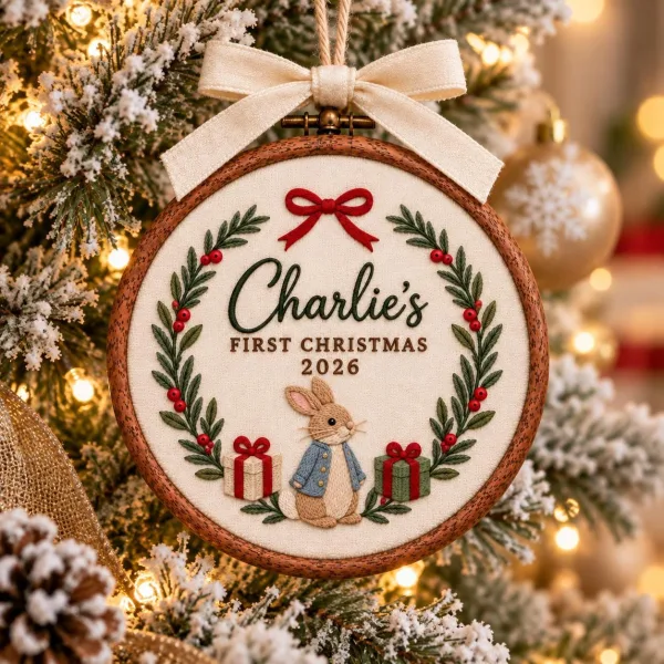 Personalized Bunny First Christmas Ornament, Custom Baby Name Embroidery Hoop