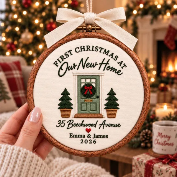 Personalized First Christmas in New Home Ornament, Custom Road Name Door Color Housewarming Gift