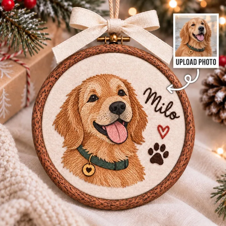 Personalized Embroidered Pet Portrait Ornament, Custom Dog Christmas Gift, Dog Cat Photo Ornament