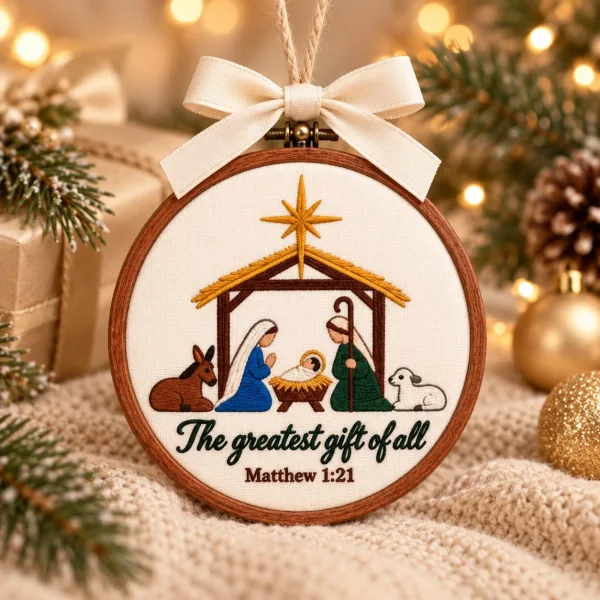 Embroidered Nativity Hoop Ornament: The Greatest Gift of All Ornament
