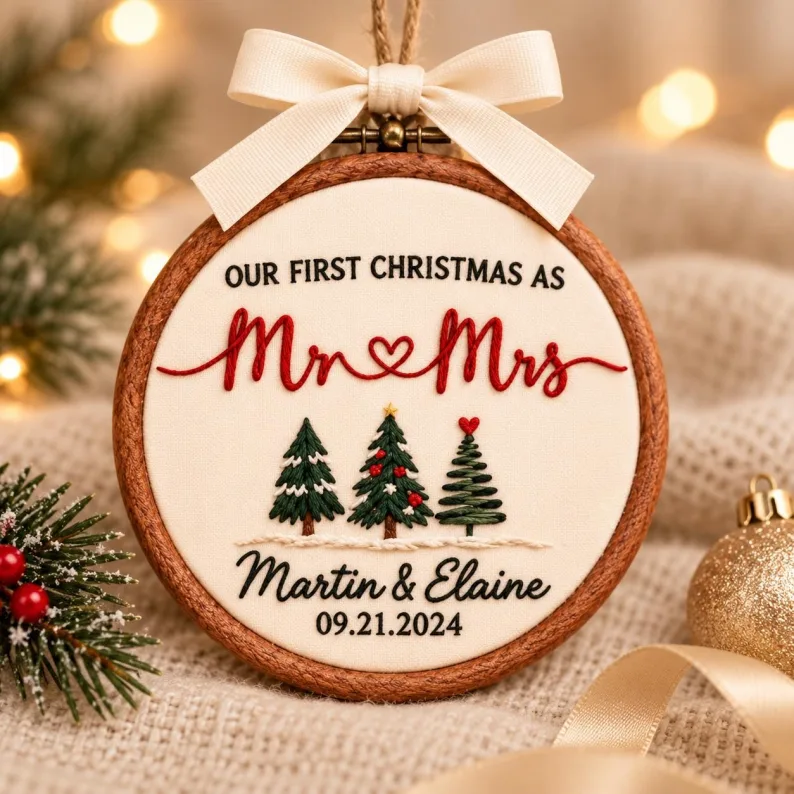 First Christmas Married Embroidery Ornament, Custom Mr and Mrs Keepsake Winter Cabin ornament