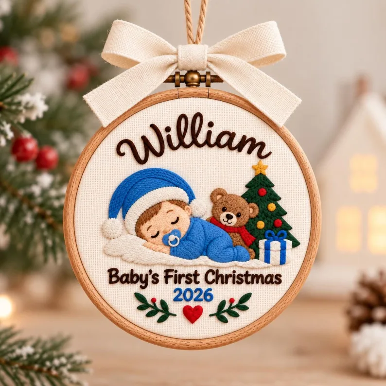 Personalized Baby First Christmas Ornament, Embroidered Name Hoop, Custom Newborn Keepsake Gift