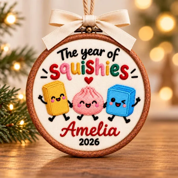 Personalized Squishy Christmas Ornament 2026: Custom Kids Name Embroidered Ornament