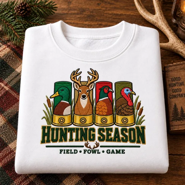 Embroidered Hunting Season Sweatshirt, Minimal Deer Duck Turkey Icons, Retro Outdoorsman Crewneck