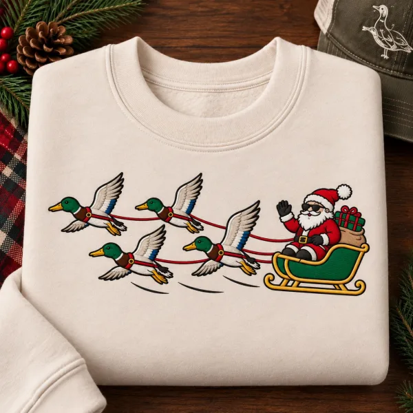 Santa Duck Sleigh Embroidered Sweatshirt, Funny Duck Hunting Christmas Mallard Crewneck Tee