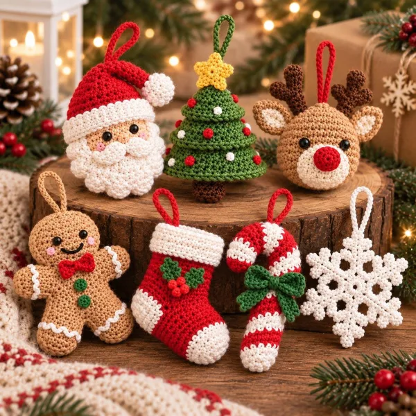 Crochet Christmas Car Ornament, Handmade Santa Snowman Rearview Mirror Hanging