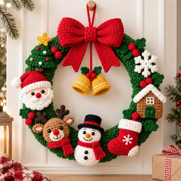 Crochet Christmas Wreath with Santa, Snowman, Reindeer, Handmade Crochet Xmas Door Hanger