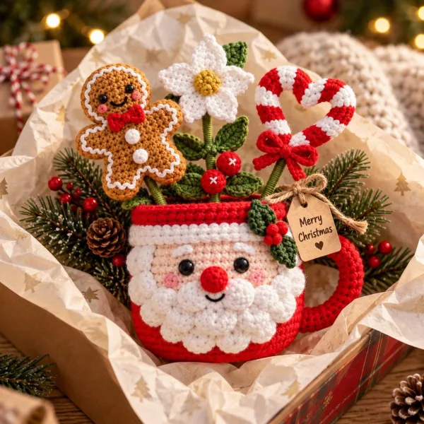 Handmade Crochet Christmas Plant Pot, Cute Holiday Table Decor, Amigurumi Desk Ornament,