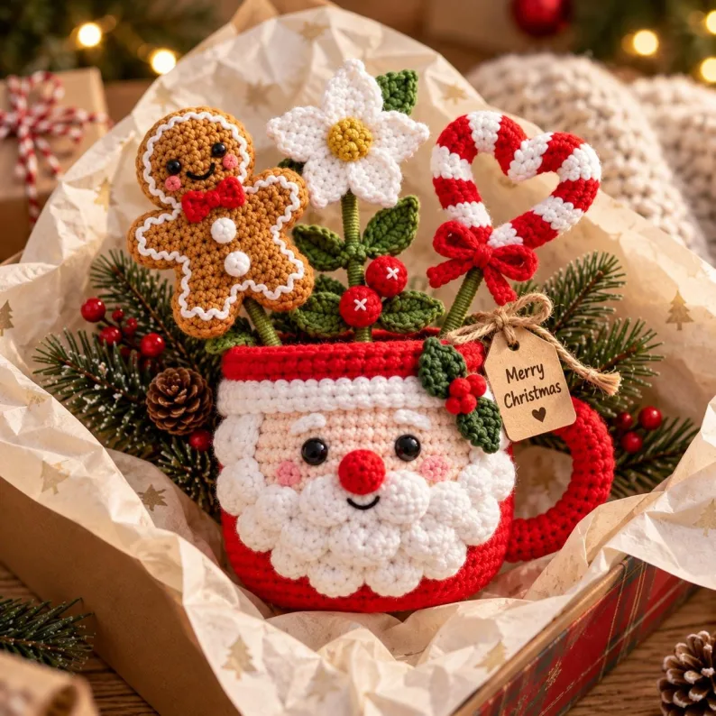 Handmade Crochet Christmas Plant Pot, Cute Holiday Table Decor, Amigurumi Desk Ornament,